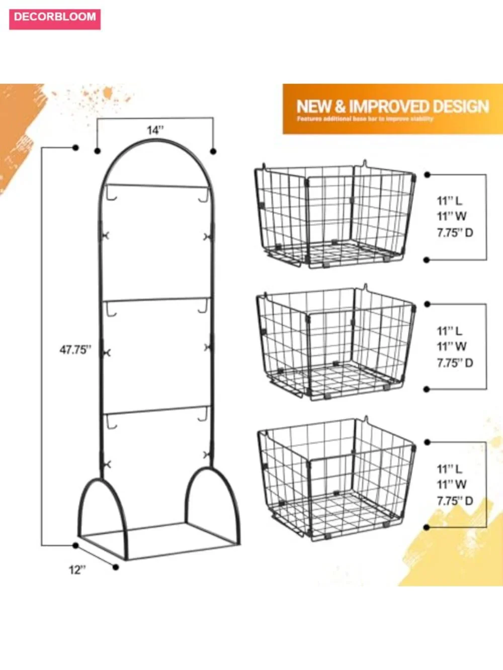 Sorbus 3 Tier Basket Stand Fruit Vegetable Kitchen Storage Adjustable Steel